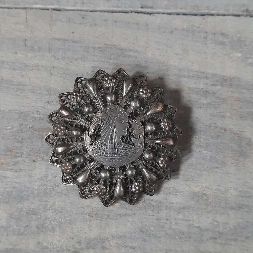 Vintage Sterling Silver Egyptian Filigree Brooch Pin Signed